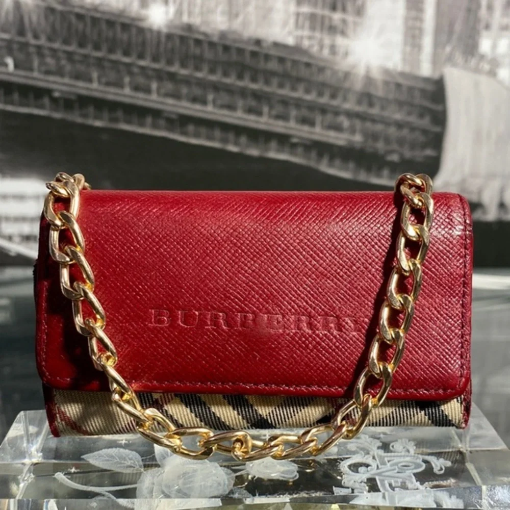 Authentic Rare Burberry Red Leather Nova Check Key Case